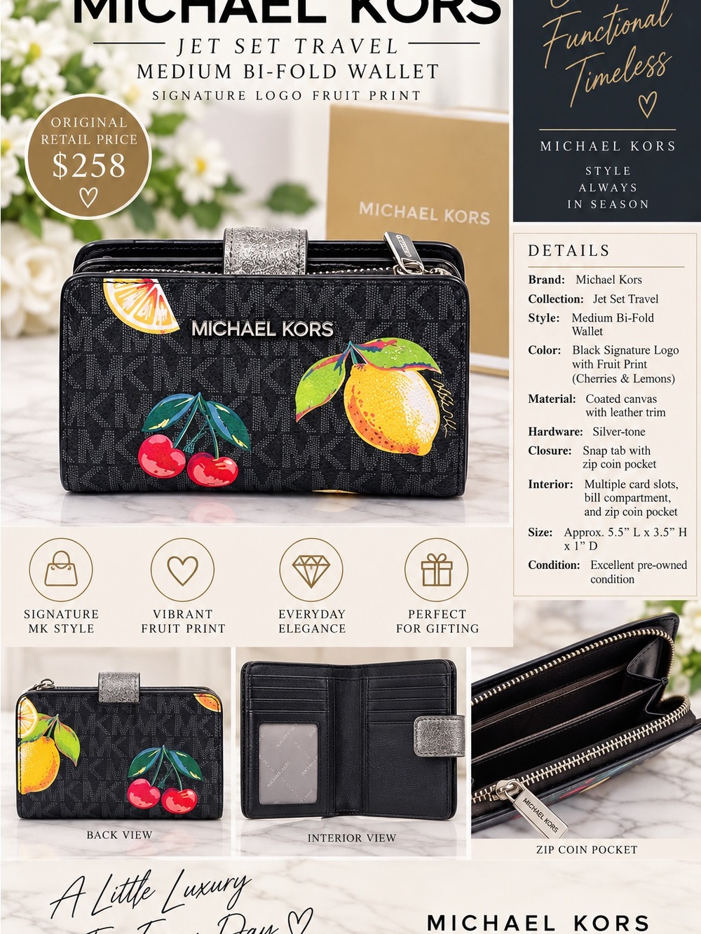 Michael Kors Jet Set Travel Fruit Print Wallet 🍋🍒